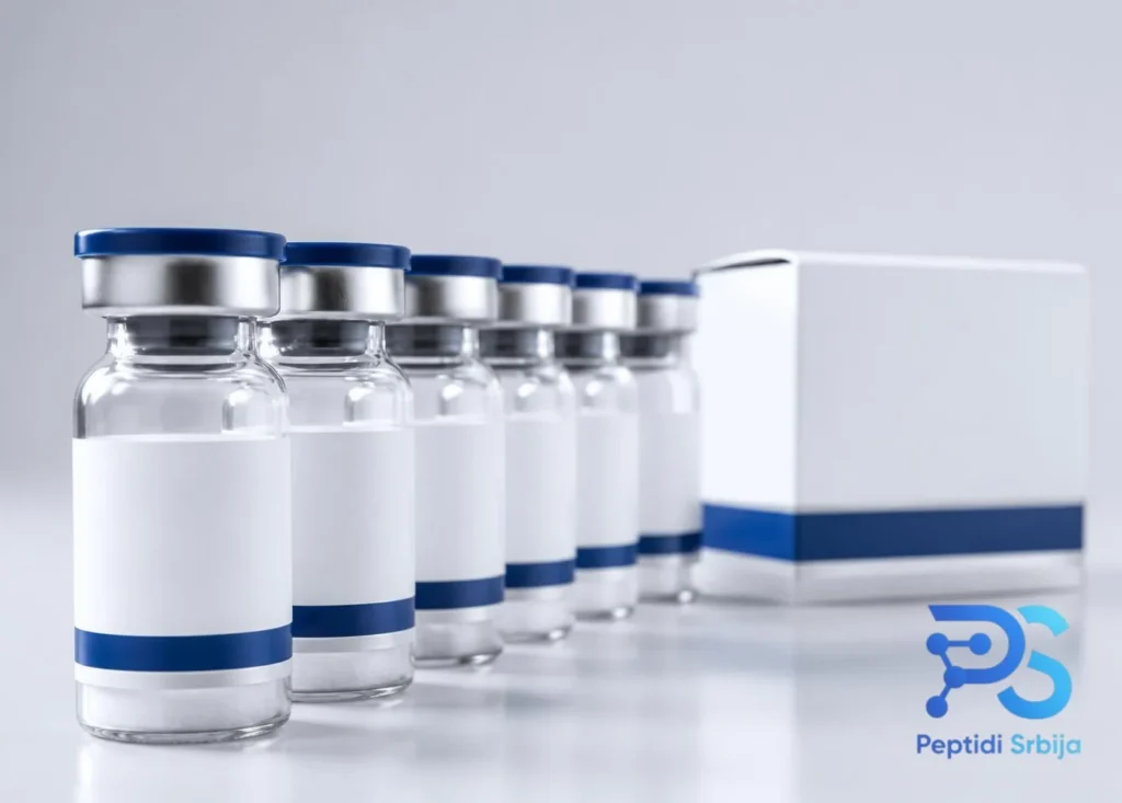 Bočice peptida sa plavo-belom laboratorijskom ambalažom