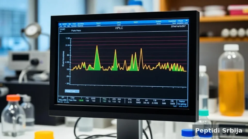 COA sertifikat i HPLC hromatogram pored vijale istraživačkog peptida — BPC-157 vodič