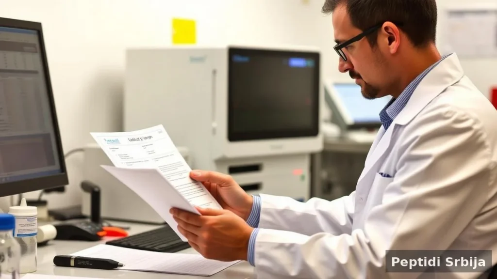 COA sertifikat i HPLC hromatogram pored vijale istraživačkog peptida — TB 500 vodič