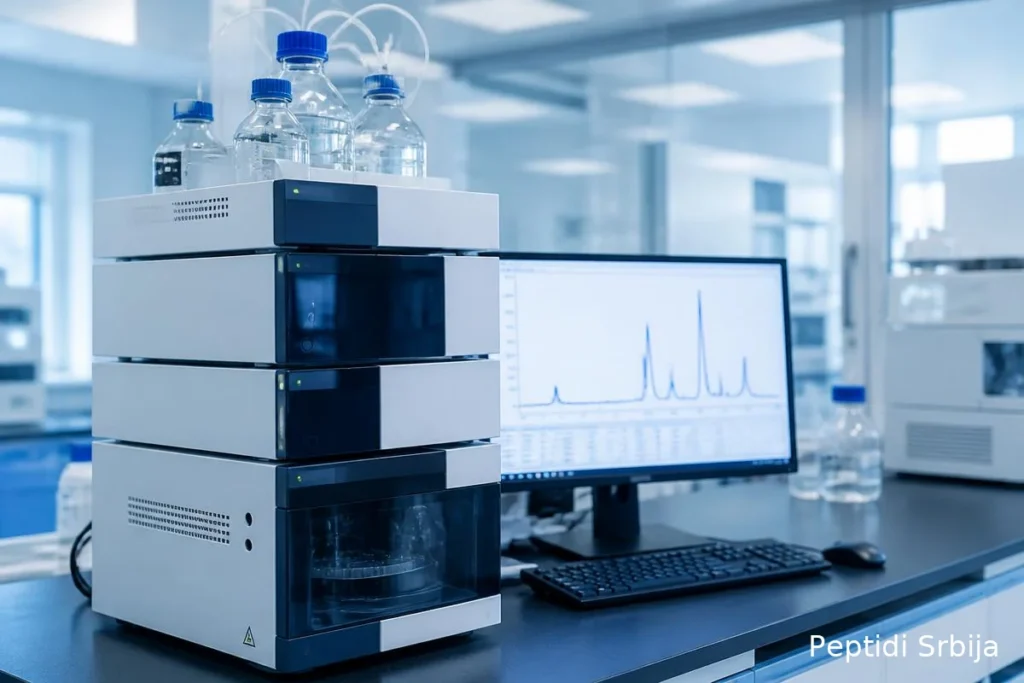 COA sertifikat i HPLC hromatogram pored vijale istraživačkog peptida — Peptidi za mršavljenje