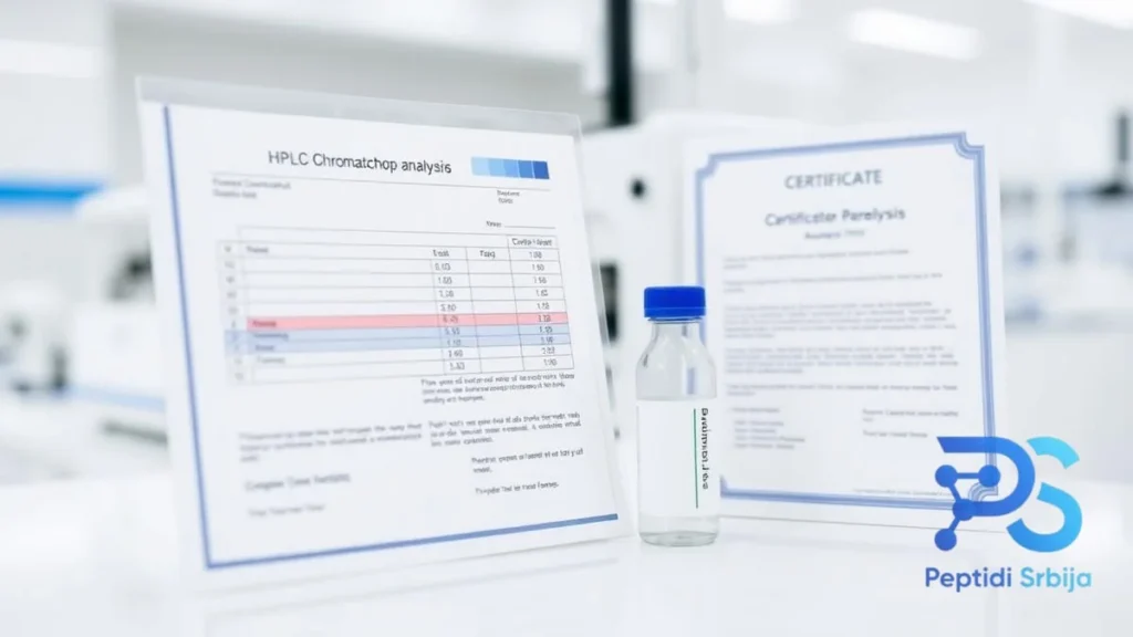 COA sertifikat i HPLC hromatogram pored vijale istraživačkog peptida — BPC-157 vodič