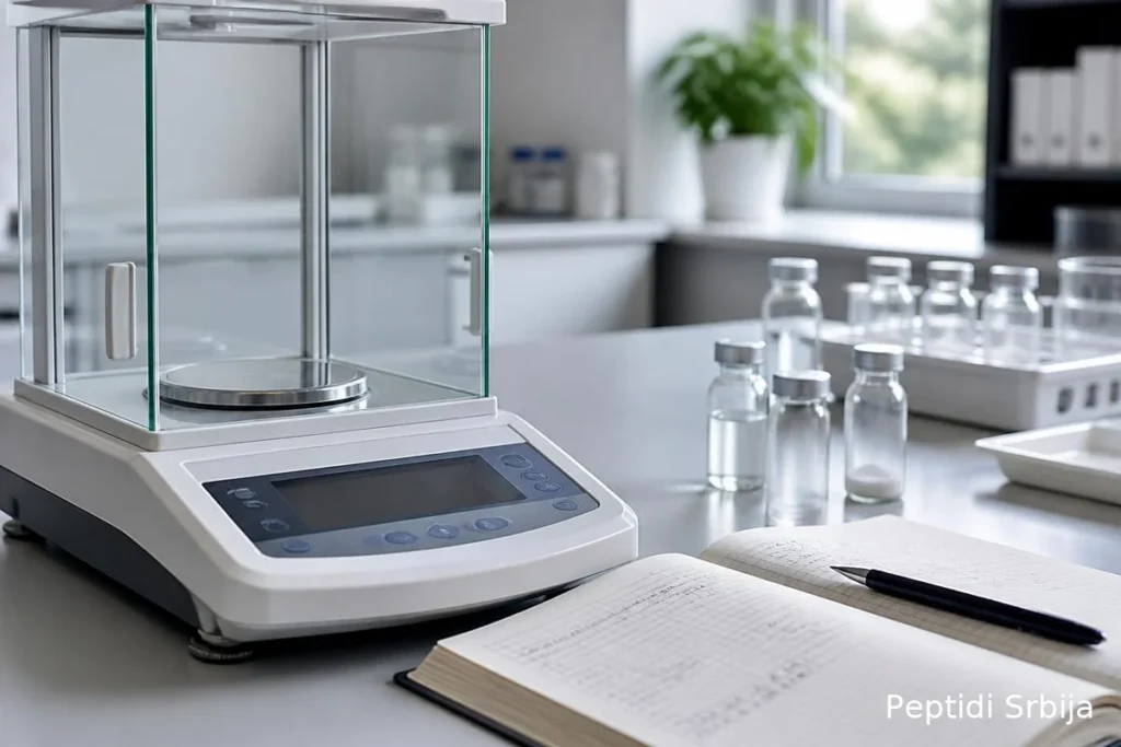 Tabela doziranja istraživačkih peptida sa vijalama i laboratorijskom vagom — Tesamorelin Srbija
