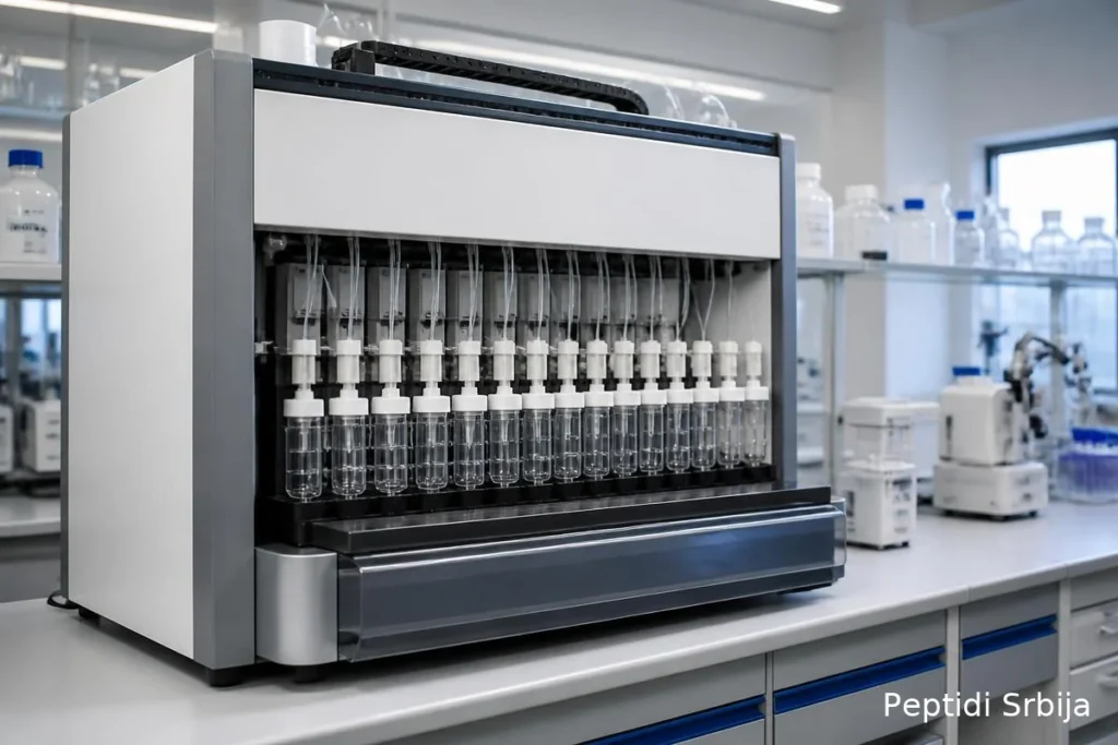 Oprema za sintezu peptida u čvrstoj fazi (SPPS) u modernoj laboratoriji — BPC-157 vodič