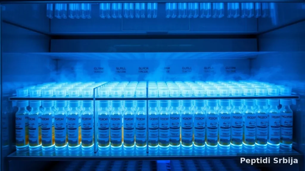 Vijale peptida u laboratorijskom frižideru na kontrolisanoj temperaturi — GHK-Cu vodič